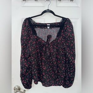 GAP Square Neck Long Sleeve Top with Red and Pink Floral Print
